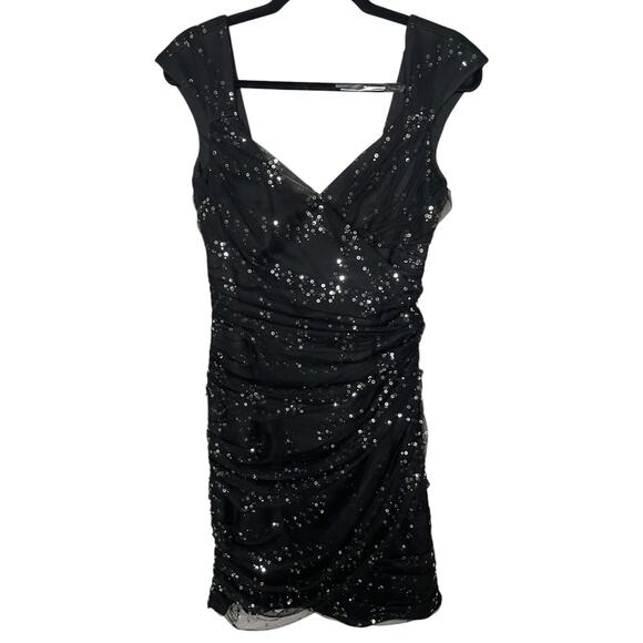 Y2K Modern Alex Evenings Black Tulle Silver Sequin Ruched Party Dress Glam - Picture 7 of 7